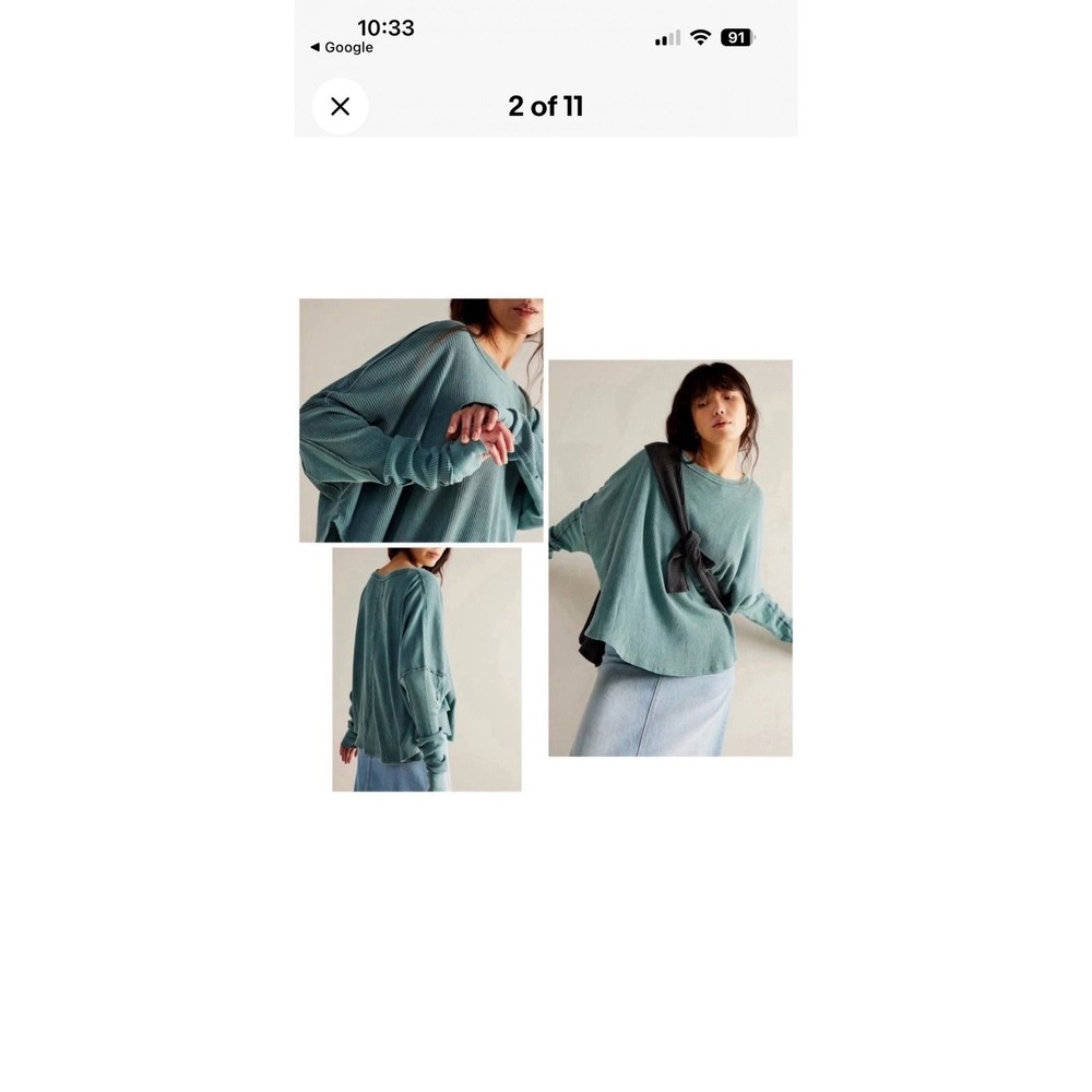 We The Free People Microphone Drop Thermal Top XS Silver Pine Green New NWOT - Picture 2 of 10